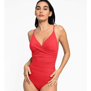 Popilush Shapewear Swimsuit V-Neck Low-Back in red size Large. NWT.